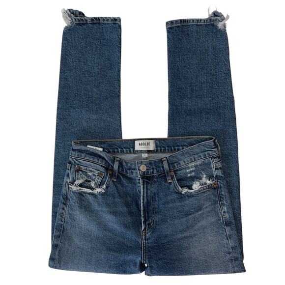 Agolde Dark Blue Denim Toni Mid Rise Straight Ankle Distressed Jeans Size 27 - Picture 3 of 10